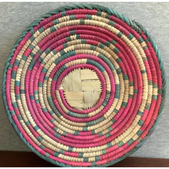 woven Other - VTG natural Coiled Hand woven Basket Bowl Weaved Wall Boho Plate Pink